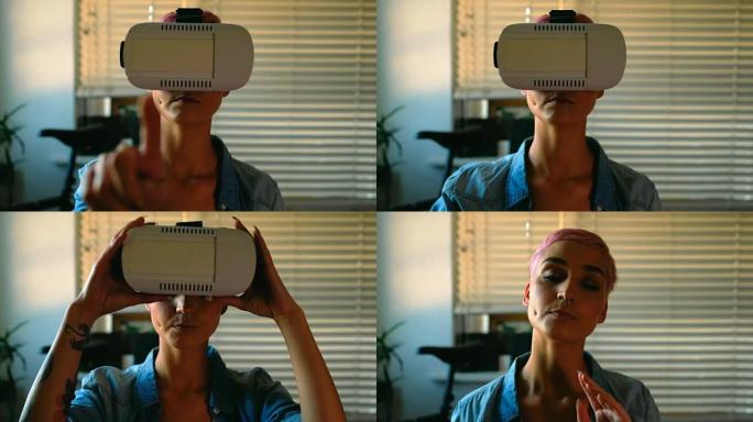女人在家里使用虚拟现实耳机4k
