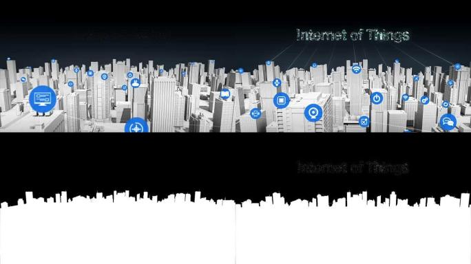 智能城市上的各种事物传感器图标，连接 “物联网” 技术。