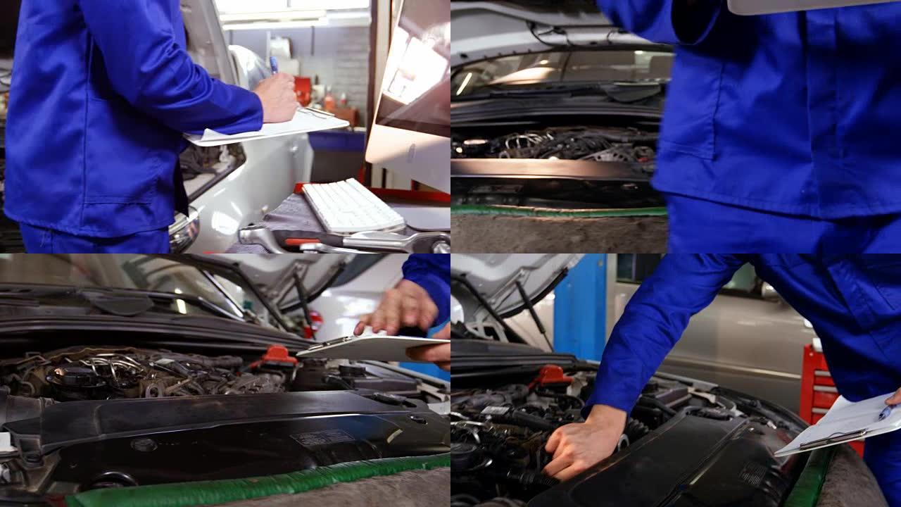 维修汽车发动机时准备检查清单的机械师