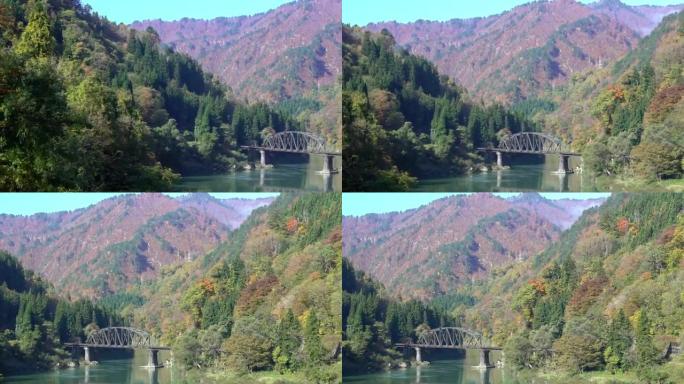 平移镜头: 日本福岛三岛的红色桥景观黑桥视点