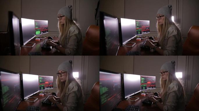黑客女人在工作。计算机安全概念