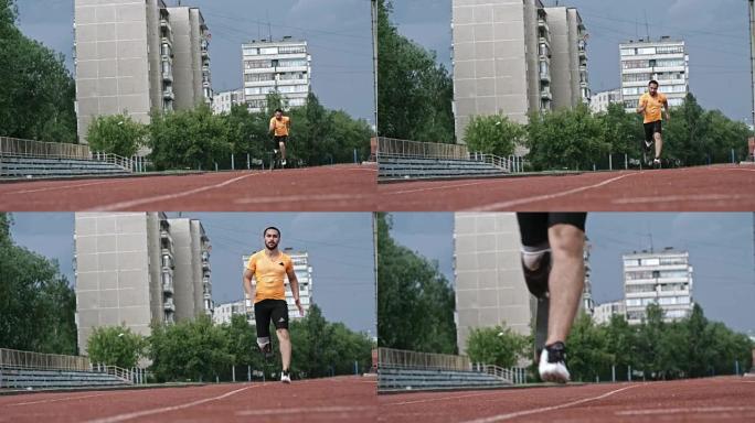 残奥会运动员在体育场上朝着摄像机奔跑