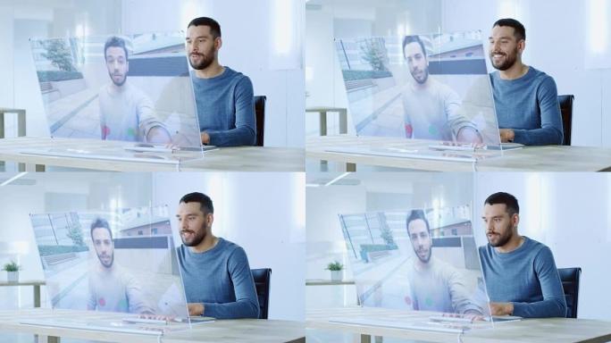 在不久的将来，男人通过透明显示的计算机向他的朋友进行视频通话。他们友好地聊天。办公室设计既现代又明亮