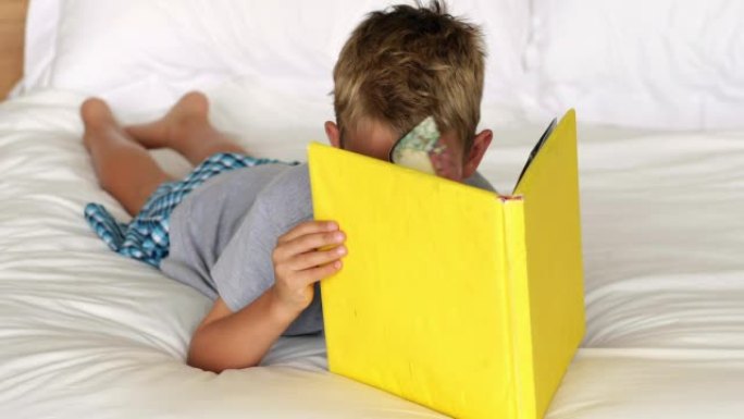 小男孩在床上读黄皮书