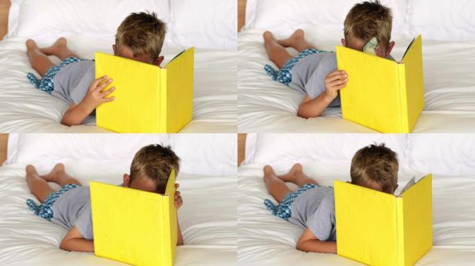小男孩在床上读黄皮书