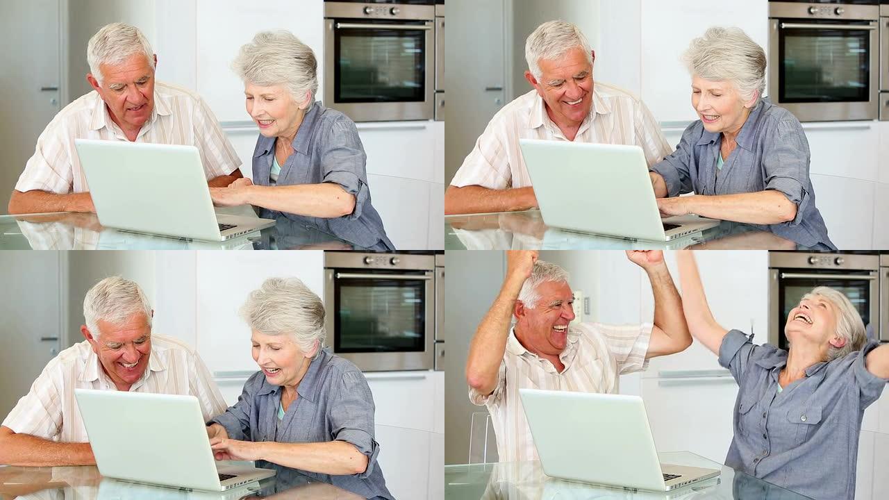 老年夫妇一起使用笔记本电脑