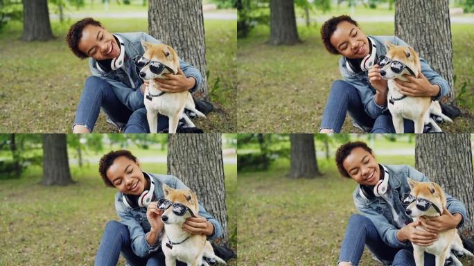 戴着墨镜的可爱的柴犬的慢动作坐在公园的草地上，它可爱的主人漂亮的非洲裔美国女孩看着宠物，微笑着。