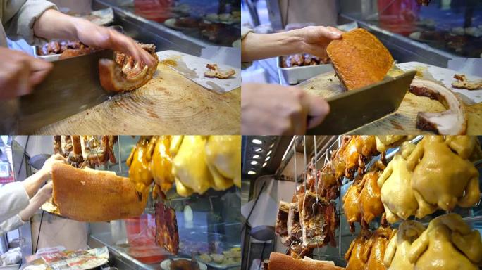手工切碎中国脆皮猪肉。