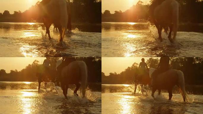 特写: 两个骑手在神奇的日落时沿河骑马