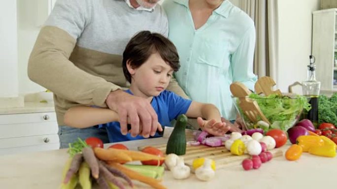 父母协助儿子切碎蔬菜