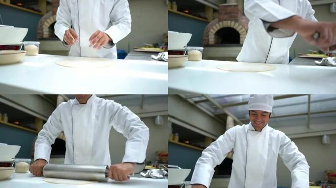 意大利厨师在一家餐厅做披萨，并在面团上撒上面粉，同时使用金属rolling面带微笑