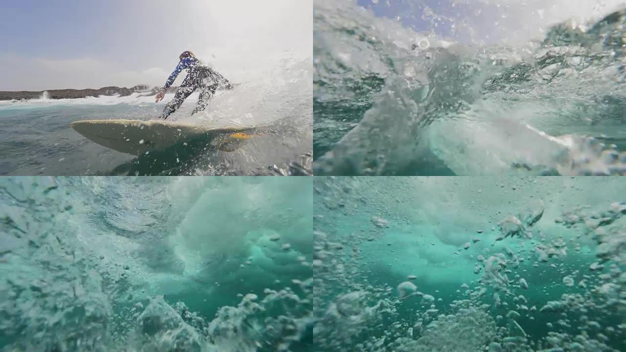 水下: 冲浪者花花公子雕刻出清澈的波浪，并在他周围泼水。