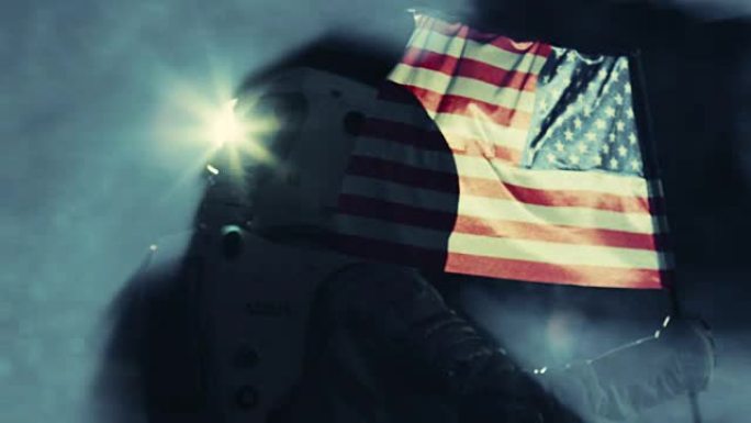 坚强的宇航员走过风暴与美国国旗，自豪地把它在黑暗的外星星球上。太空旅行，殖民主题。