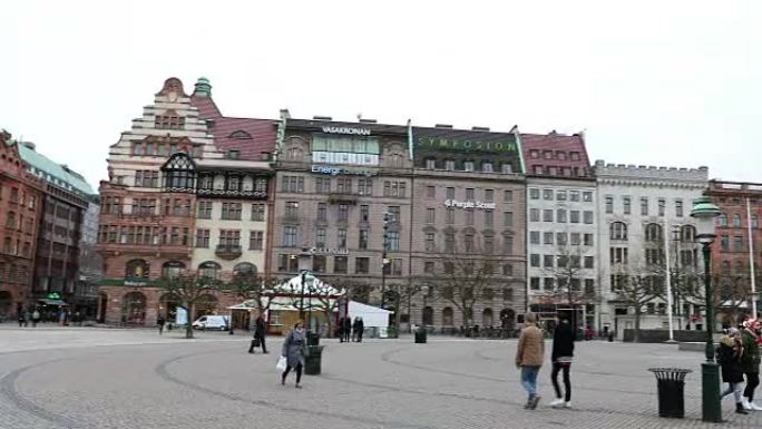 瑞典马尔默市中心Stortorget广场的平移镜头