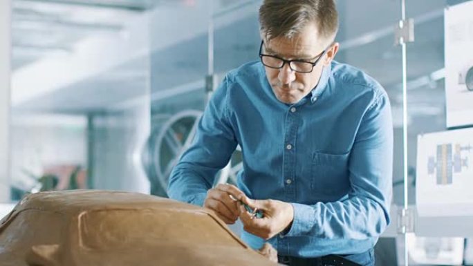 体验汽车设计师用橡皮泥雕刻原型汽车模型。他在一家大型汽车公司总部的现代工作室工作。