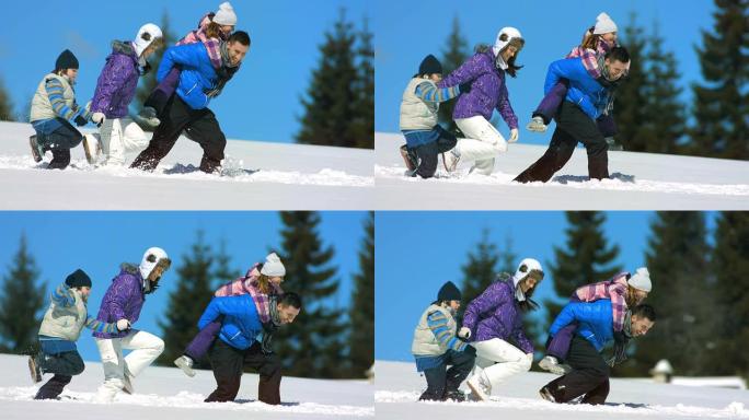 高清超级慢动作: 家庭在雪地上奔跑