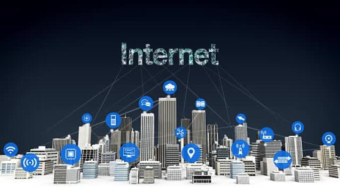 智能城市上的事物传感器图标，连接网格错字 “互联网” 概念。