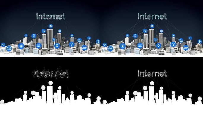 智能城市上的事物传感器图标，连接网格错字 “互联网” 概念。