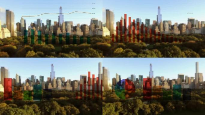 全球数据收集: 市长城市背景，前景为动画图表。