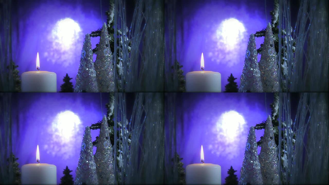 月光森林中的白色圣诞蜡烛-中镜头