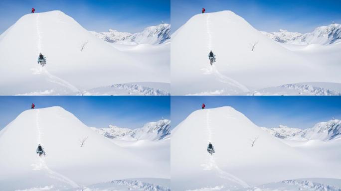 滑雪者徒步上山雪山