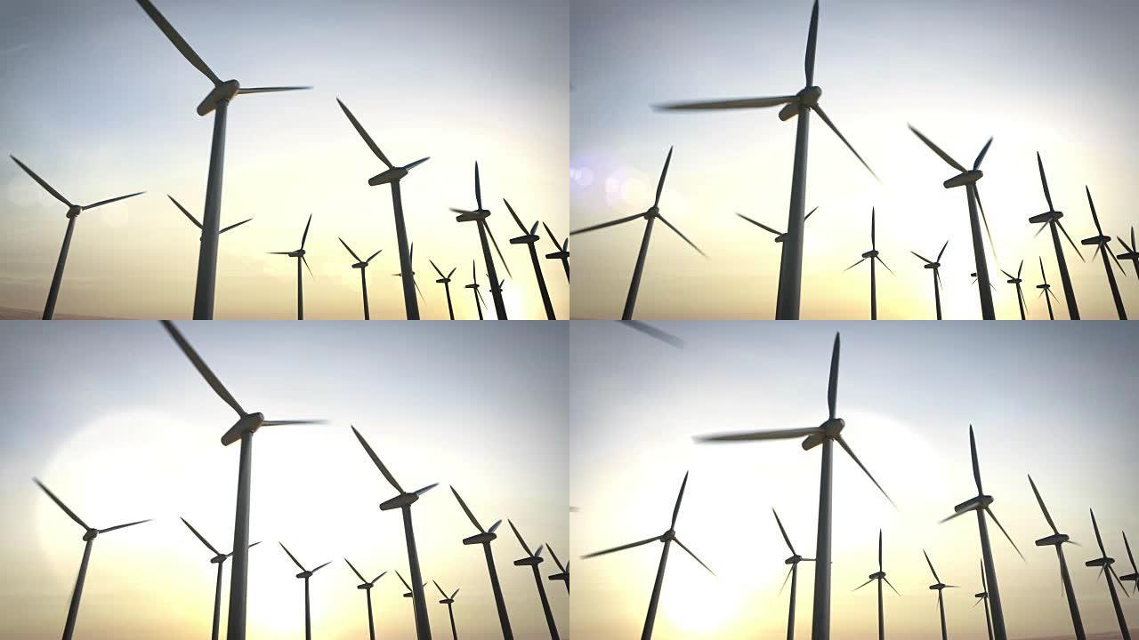 风力涡轮机能源的场景。动画。日落。