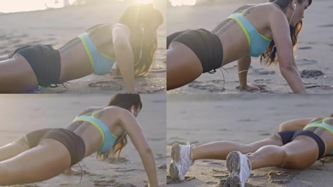 女人在海滩上做俯卧撑