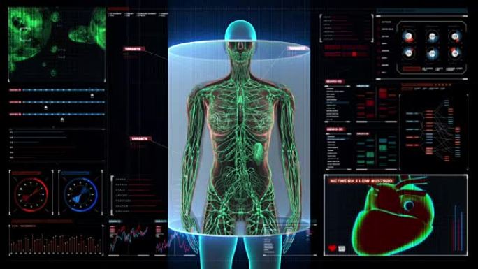 女性人体扫描淋巴系统在数字显示仪表板。