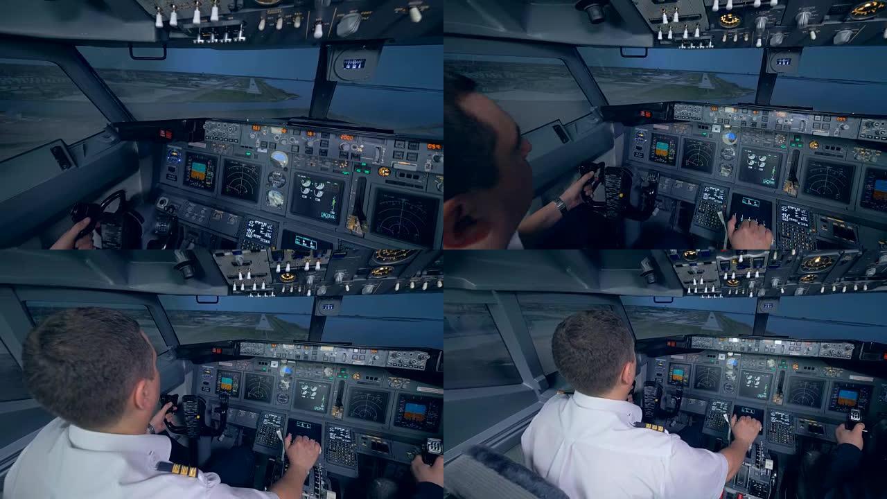 两名男子正在飞行模拟中降落飞机