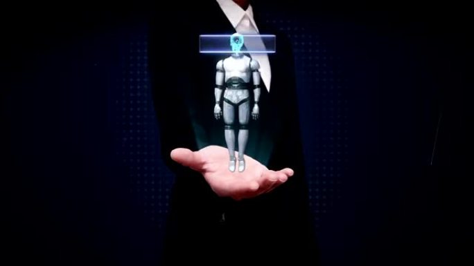 女商人打开手掌，扫描旋转3D机器人身体，人骨。