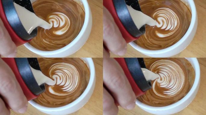 SLO MO制作拿铁艺术咖啡。