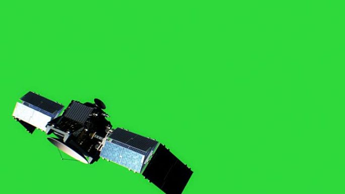 绿屏打开太阳能电池板上卫星的美丽景色。3d动画。空间和技术概念。