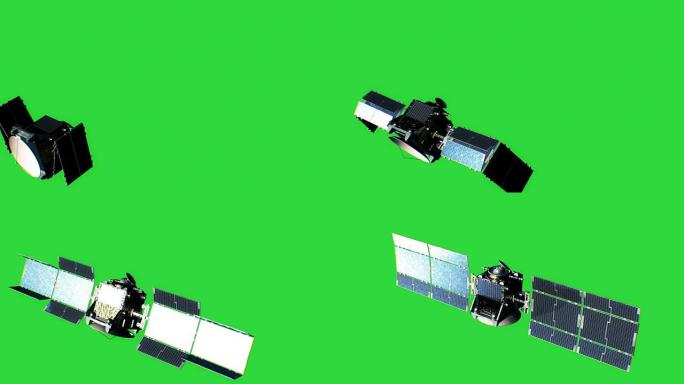 绿屏打开太阳能电池板上卫星的美丽景色。3d动画。空间和技术概念。