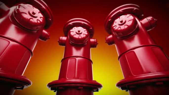 红色消防栓排成一排。可循环CG。