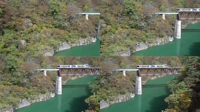 平移镜头: 日本福岛大川水坝湖和阿加河观景带红假景观