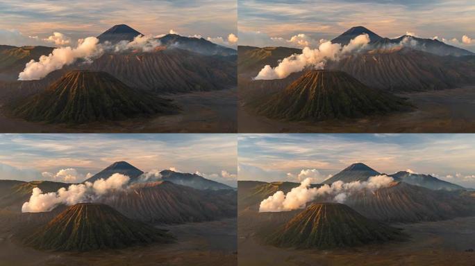 活火山布罗莫 (Gunung Bromo) 随烟的时间流逝。印度尼西亚东爪哇。UHD 4K