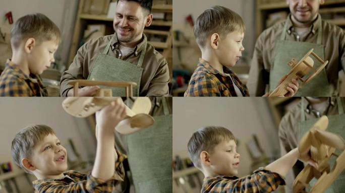 木匠向儿子赠送木制飞机玩具