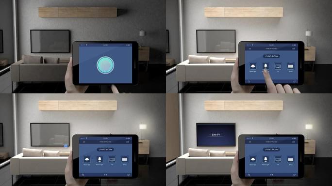 触碰物联网智能pad、平板应用、客厅电视、灯泡、盲节能效率控制、智能家电、物联网。
