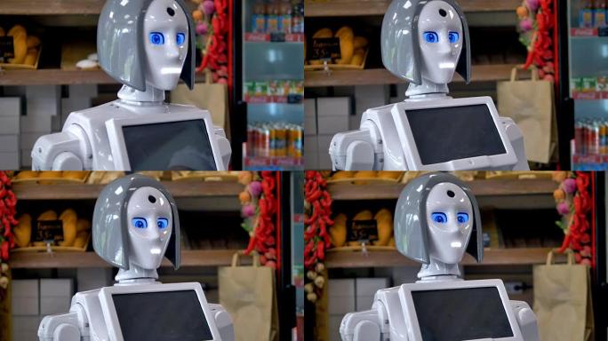一个白色机器人在面包店里工作。