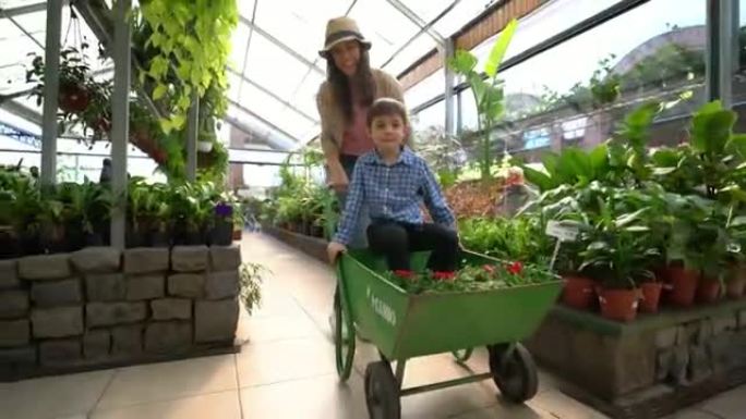 快乐的妈妈和儿子在vivarium购买植物，母亲推着车轮，儿子和一些植物