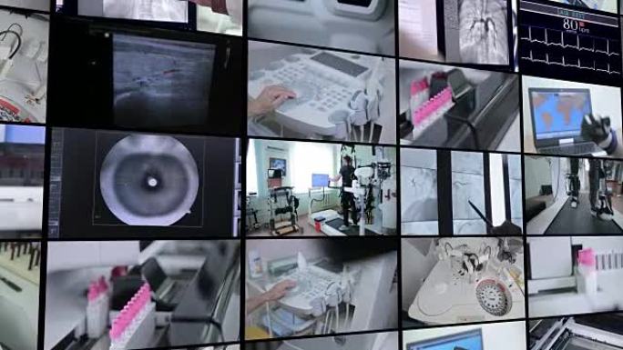 多屏幕蒙太奇。实验室，医疗现代设备工作。医学概念。