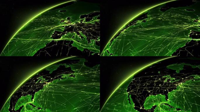 地球连接。欧美。空中、海上、地面航线和国家边界。