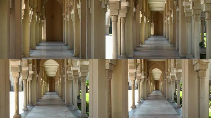 卡萨布兰卡哈桑二世清真寺花园的外部走廊，后退镜头