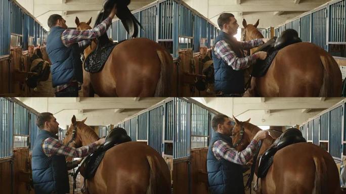 Stableman正在准备一匹马在马厩里骑马。