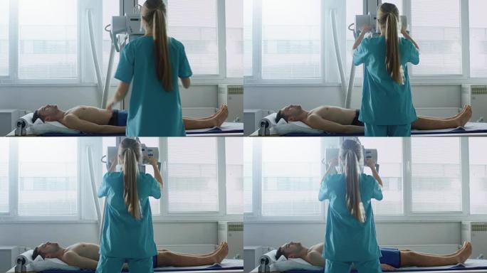 在医院里，男子躺在床上，女技师调整x光机。扫描骨折，四肢骨折，损伤，癌症或肿瘤。拥有技术先进的医疗设