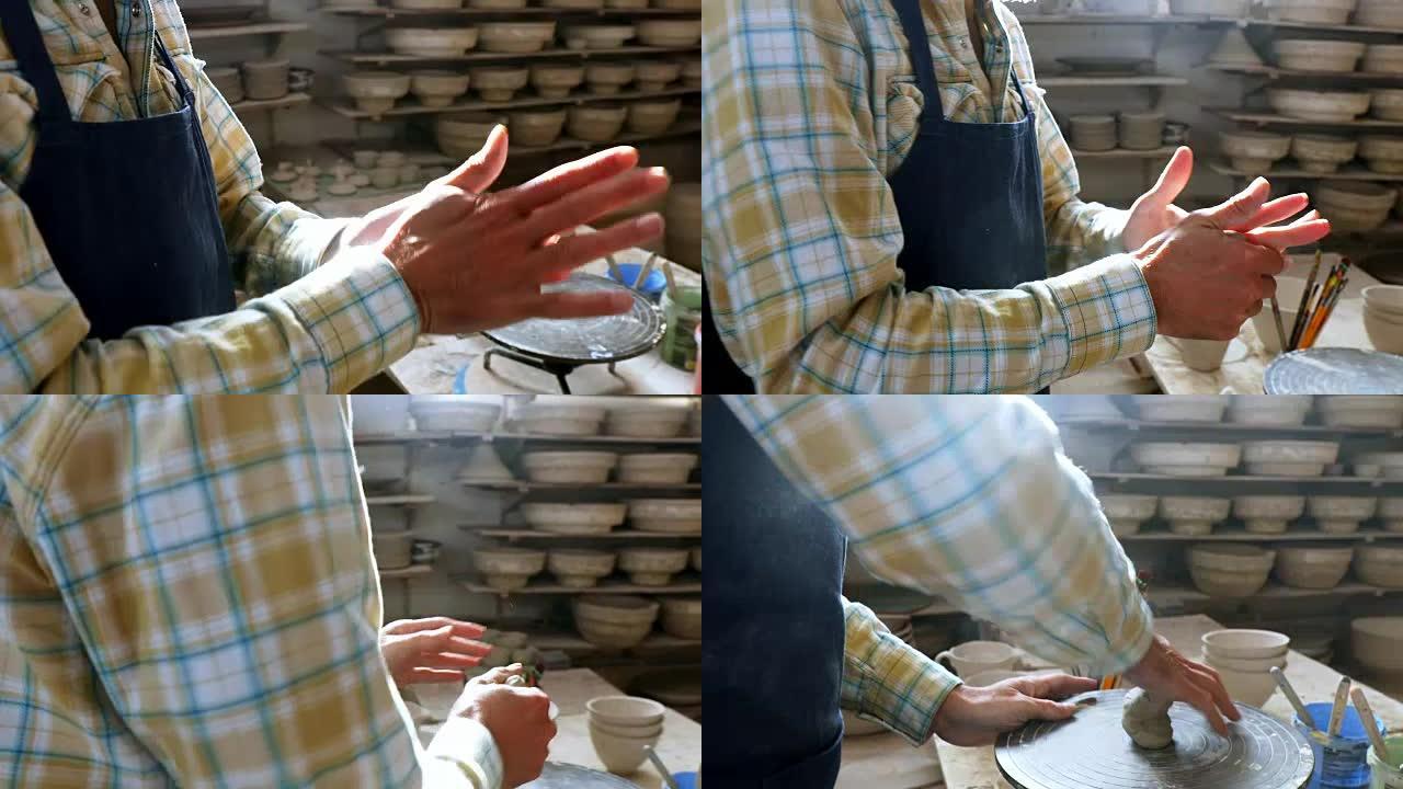 男性陶工成型粘土4k中段