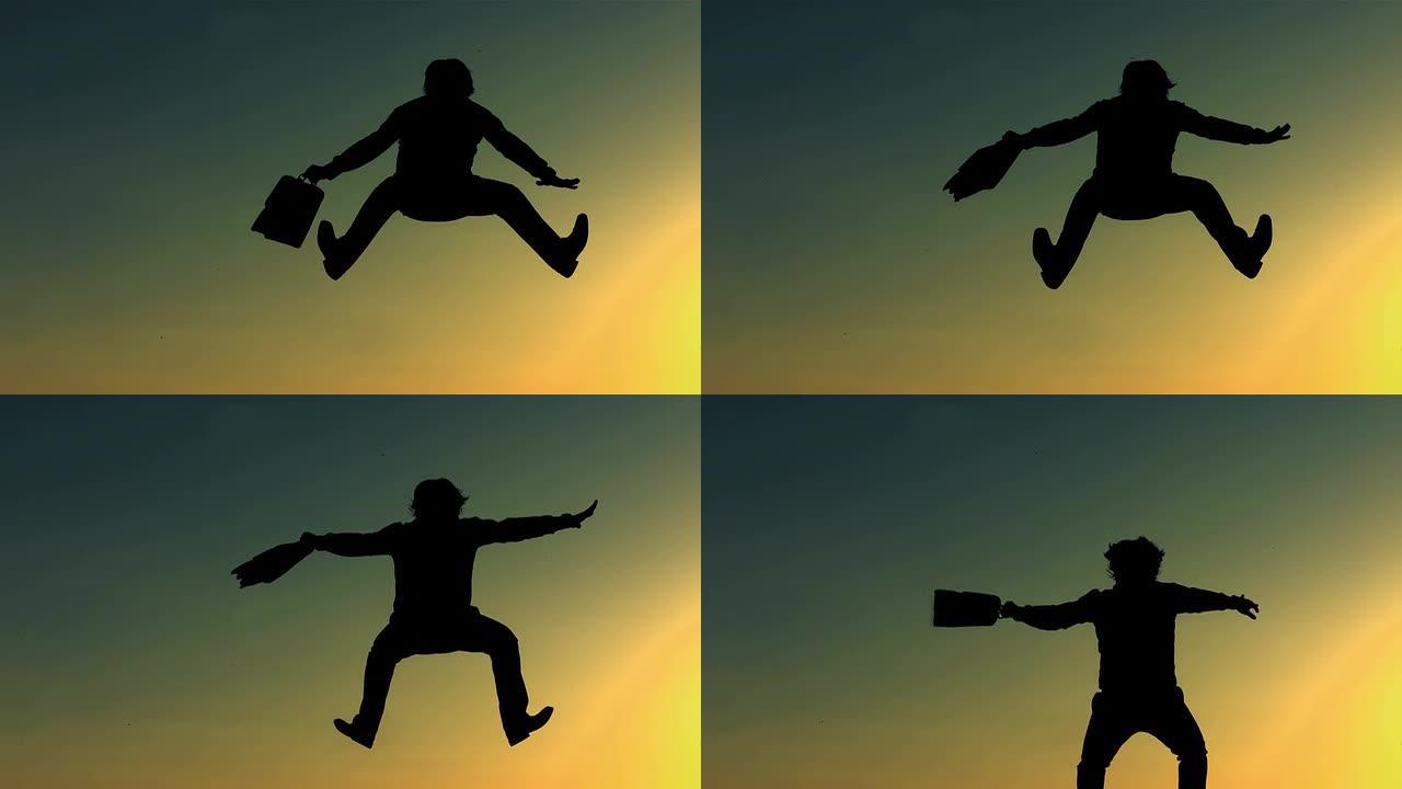 高清超级慢动作: 快乐的人在日落时跳跃