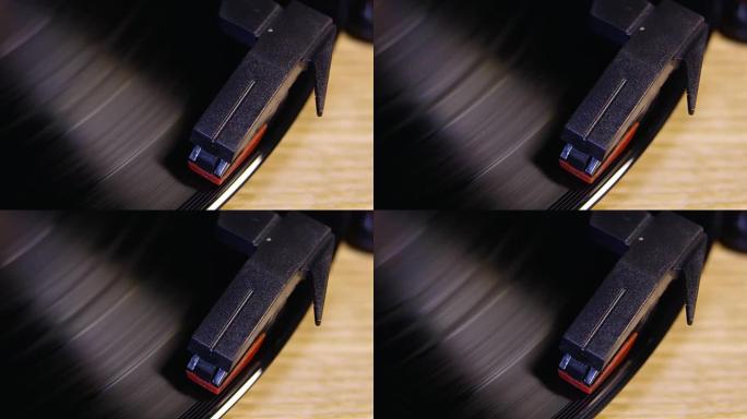 在R3D上拍摄的旋转唱片上的唱机手写笔的头顶细节