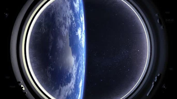 从国际空间站的窗户看到的地球。国际空间站。飞走了。地球位于垂直位置。体积云。从太空看。星星闪烁。空间