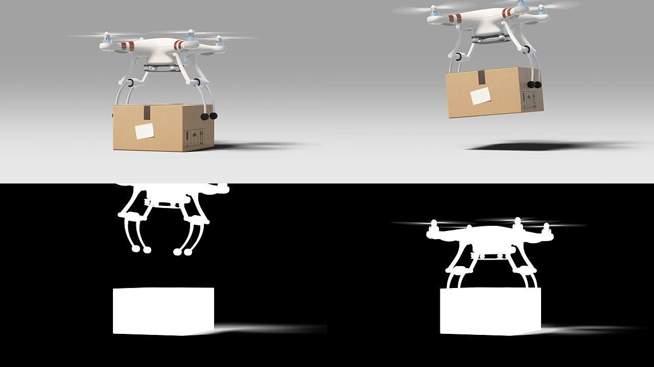 无人机带着包裹从地面起飞，然后飞走了。带有Alpha哑光的3d动画。现代交付概念。